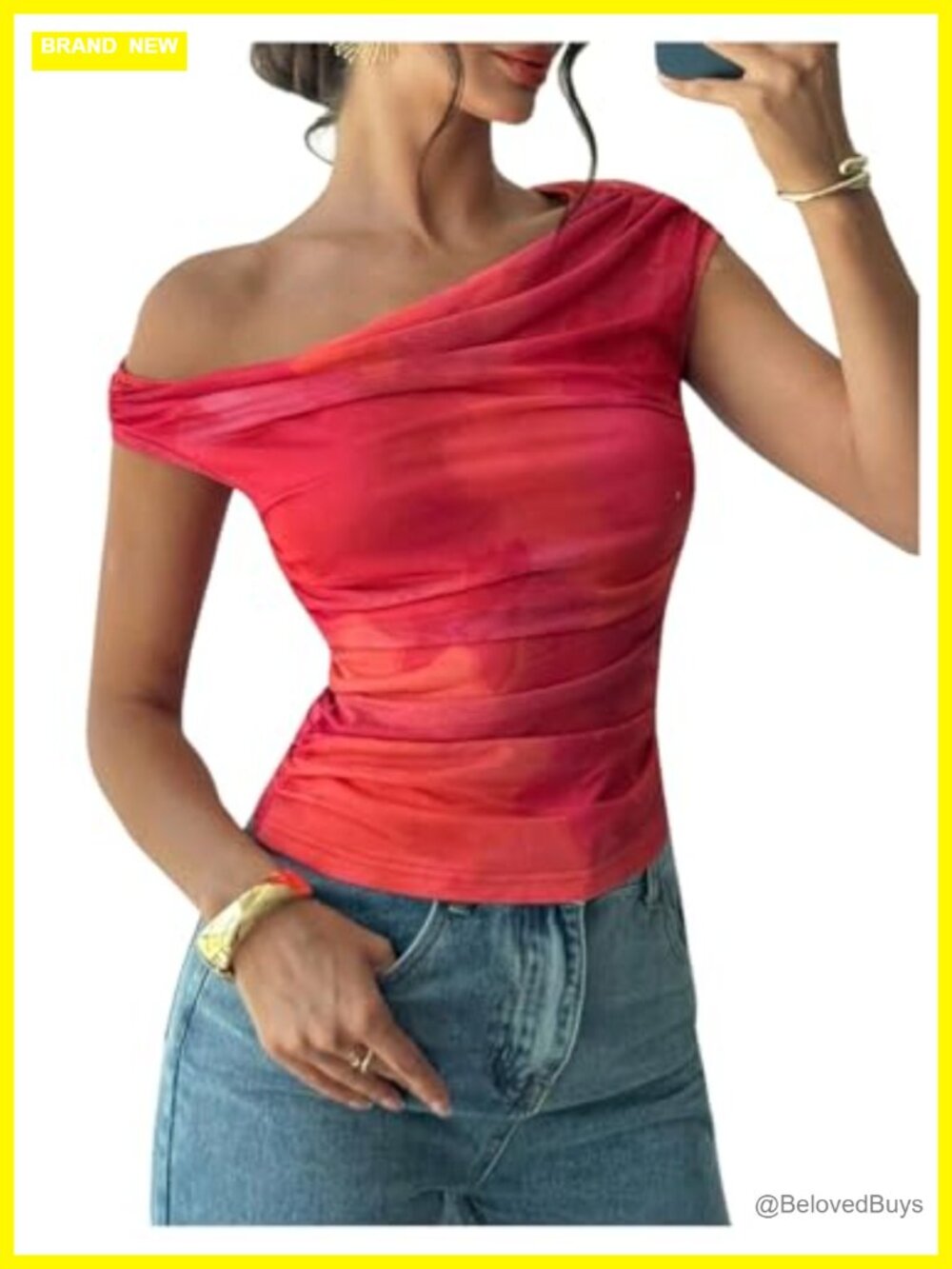 Floral Tie Dye One Shoulder Mesh Top Y2K Ruched Crop